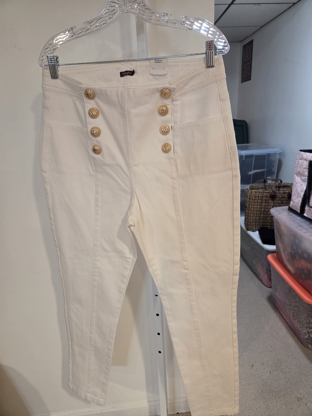 7 For All Mankind White High-Rise Ankle Sailor Jeans with Gold Buttons